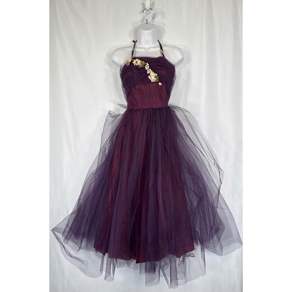 Vintage XXS 1950s Purple Tulle Halter Prom Dress Rockabilly Whimisgoth PROJECT